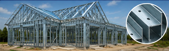 Light gauge steel-framed home structure with steel profile inset.