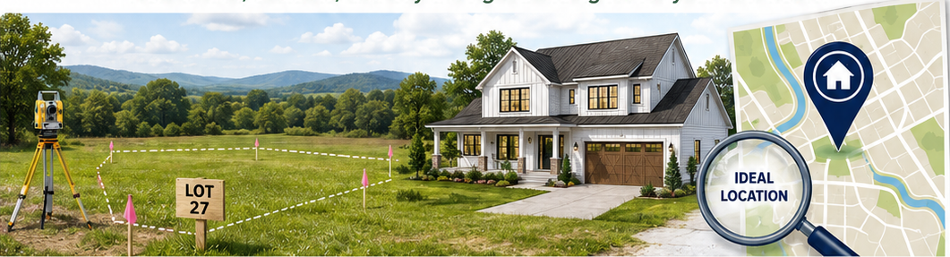 Building lot with survey markers, Lot 27 sign, home rendering, and ideal location map graphic