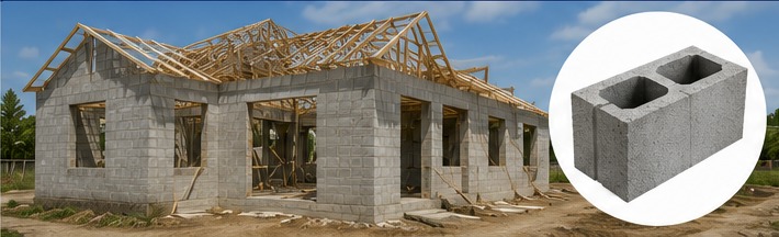 Concrete block home under construction with a circular inset showing a CMU concrete masonry block.