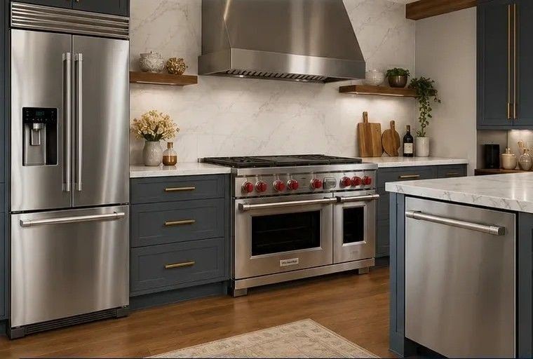 Premium new-construction kitchen with counter-depth French-door refrigerator, professional range, wall-mounted vent hood, dishwasher, dark cabinetry, marble backsplash, and wood flooring.