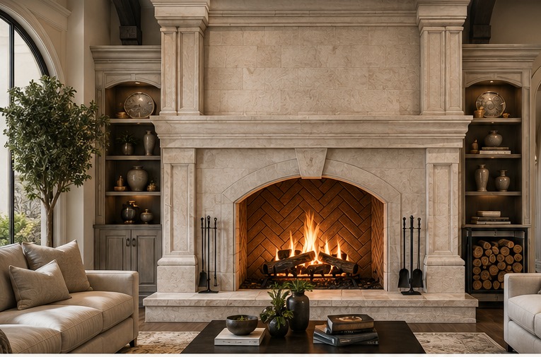 Very high end custom masonry wood-burning fireplace with stone surround, large mantel, built-in shelving, fire tools, and a real wood fire in a luxury living room.
