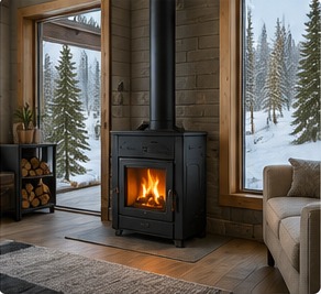 Wood stove in a warm cabin-style room with snowy view through large windows.