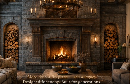 Dark stone custom masonry fireplace with wood mantel, candles, firewood storage niches, and a caption about legacy and generations.