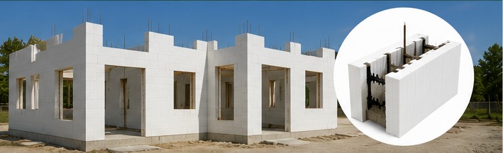 ICF insulated concrete forms wall system under construction with a circular inset showing a foam form block with concrete core.
