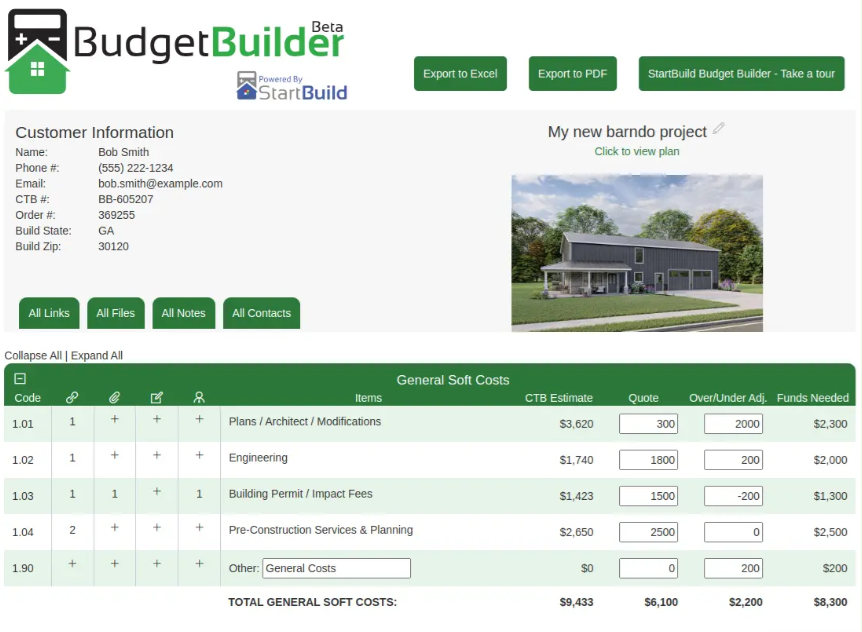 Budget Builder dashboard screenshot showing customer information, project image, action buttons, and a General Soft Costs budget table