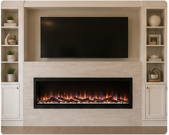Built-in electric fireplace installed in a media room wall with cabinetry and television.
