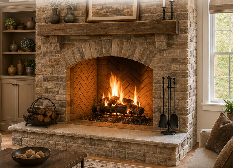 Large regal masonry wood-burning fireplace with stone surround, brick firebox, wood mantel, and active real wood fire in a living room.