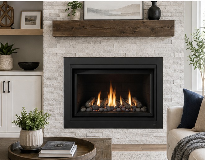 Direct vent gas fireplace with a wood mantel, white brick surround, decorative plants, and a warm fire in a built-in living room setting.