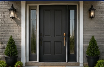 Good package steel front entry door with sidelights, black finish, exterior sconces, stone surround, and porch planters.