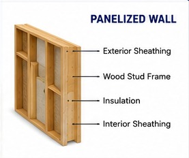 Panelized wall diagram showing exterior sheathing, wood stud frame, insulation, and interior sheathing.