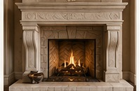 Custom carved masonry mantel fireplace surround.