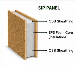 SIP panel profile diagram showing OSB sheathing, EPS foam core insulation, and OSB sheathing.
