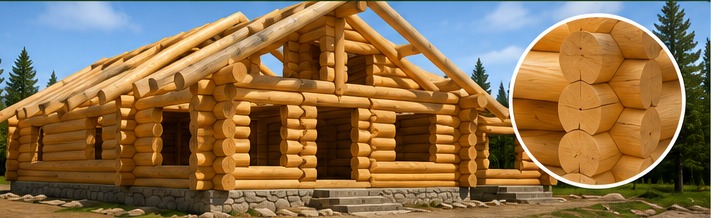 Solid log home under construction with round log profile inset.