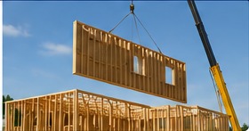 Crane lifting a prefabricated wall panel onto a wood-framed home.