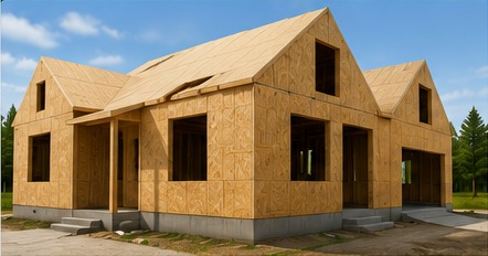 New home under construction with structural insulated panels installed on the walls and roof.