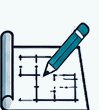 Clean design-build floor plan and pencil option icon