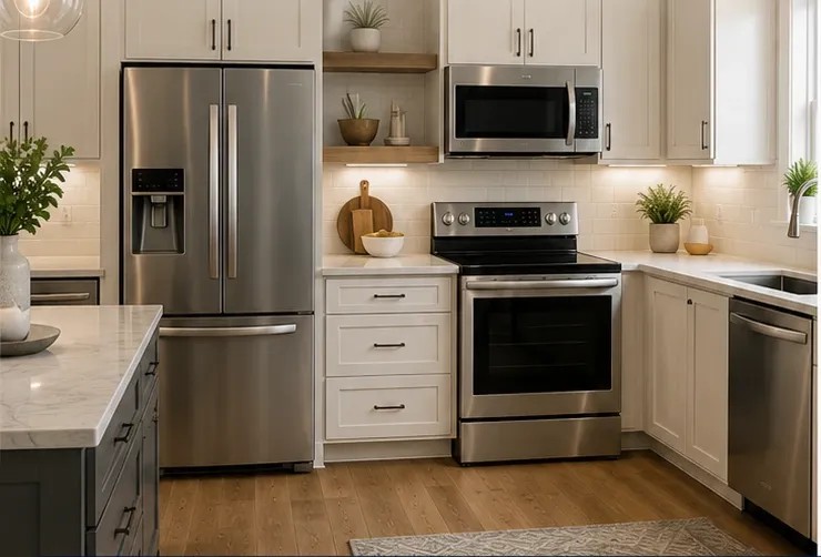 Modern new-construction kitchen with counter-depth French-door refrigerator, slide-in range, over-the-range microwave, dishwasher, island, white cabinets, and stainless steel finishes.