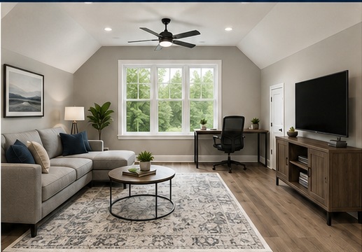 Finished bonus room above a garage used as a living room, office, and media space with vaulted ceiling, sofa, desk, TV, and large window.