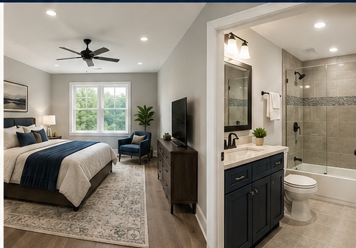 Finished bonus room above a garage staged as a bedroom suite with an adjoining full bathroom, vanity, toilet, tub, and shower.