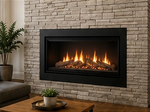 Direct vent gas fireplace with stone surround, realistic flames, and built-in framed design.