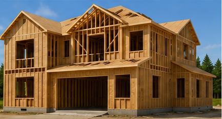 Panelized wood-framed home under construction with large wall sections and roof framing.