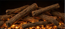 Realistic driftwood logs glowing over electric fireplace embers.