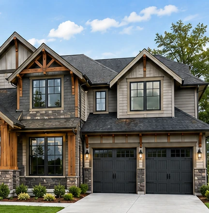 Premium exterior home with gray siding, stone accents, stained wood porch details, and dark garage doors.